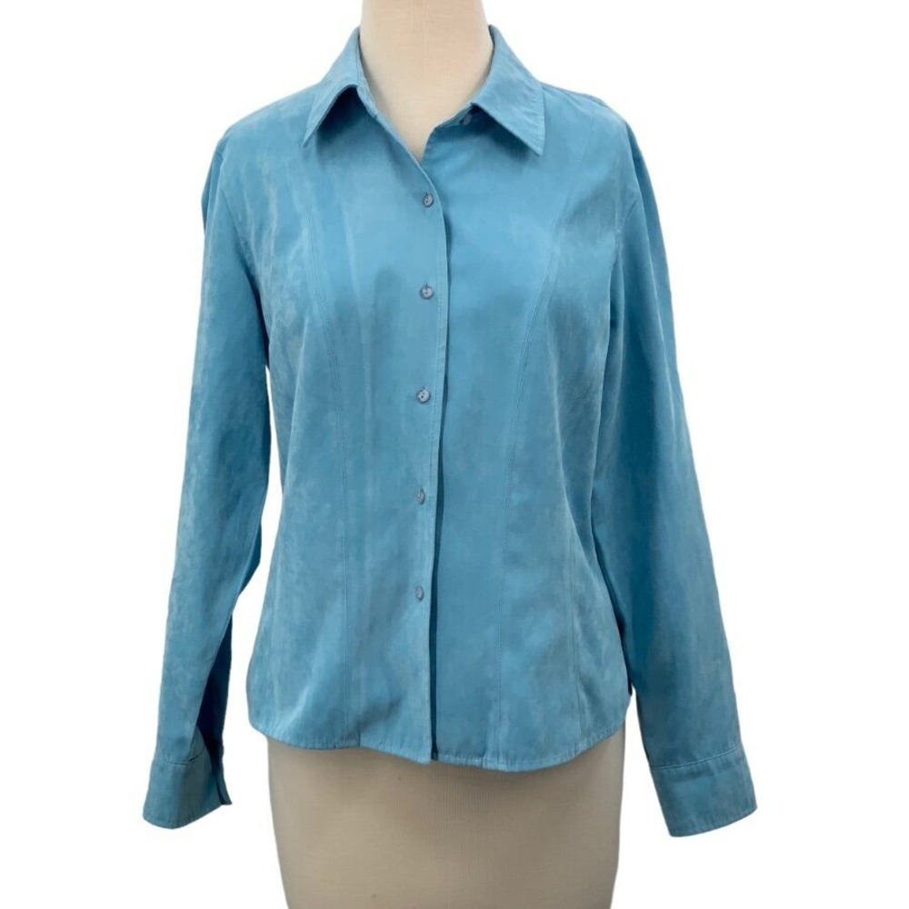 Talbots Petites Womens LS Button‎ Front Shirt Teal Faux Suede Shimmer M
